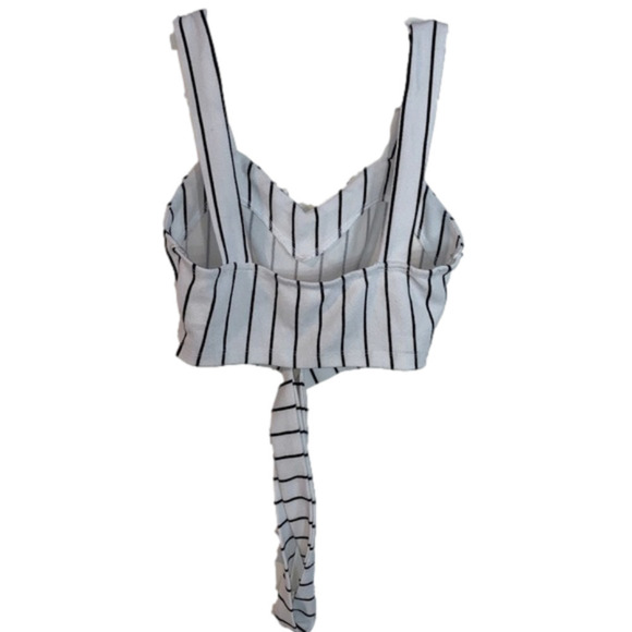 White cropped tank top with black stripes. strap at bottom crosses around waist - Picture 2 of 2
